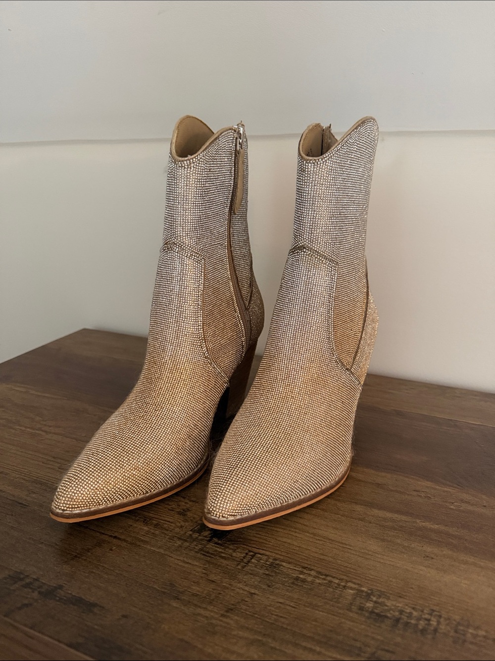 Women's Metallic Rhinestone Ankle Boots - Champagne